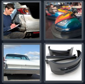 4 Pics 1 Word Answer 6 letters for busted fender of white car after accident, ride at carnival, back of car, parts of cars