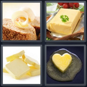 4 Pics 1 Word Answer 6 letters for bread with topping yellow, spread with parsley, margarine cubes, melted dairy in shape of heart