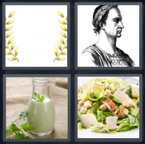 4 Pics 1 Word Answer 6 letters for olive branch crown, Roman king drawing black and white, dressing in glass bottle, chicken salad with cheese