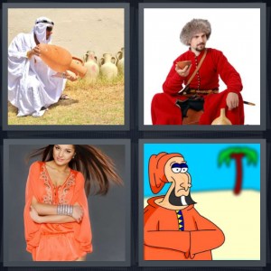 4 Pics 1 Word Answer 6 letters for water being poured from container, man wearing Siberian outfit, woman in orange dress, desert cartoon with Moroccan man