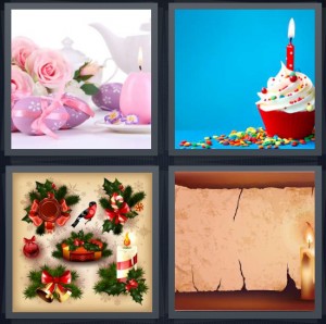 4 Pics 1 Word Answer 6 letters for Easter pink and purple eggs, birthday cupcake in red, Christmas decorations, antique scroll with flame