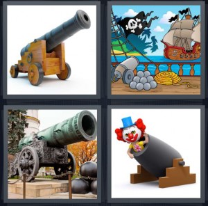 4 Pics 1 Word Answer 6 letters for massive tool to shoot antique, cartoon of pirate ship with jolly rodger, antique large gun, clown to be shot