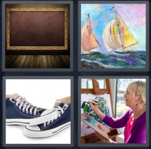 4 Pics 1 Word Answer 6 letters for gold frame on wall empty, pastel drawing of sailboats, blue sneakers, woman painting at easel