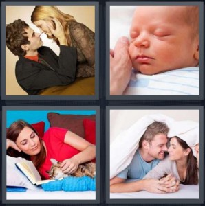 4 Pics 1 Word Answer 6 letters for couple at table hand on cheek, baby sleeping wrapped tight, woman holding pet, couple in bed with sheets