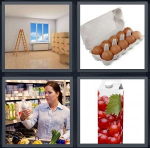 4 Pics 1 Word Answer 6 letters for empty room with stuff to unpack after move, dozen eggs, woman at grocery looking at milk, juice quart container