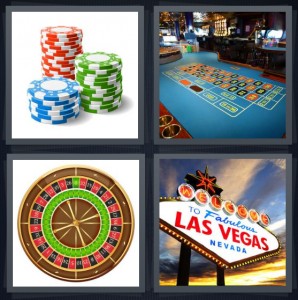 4 Pics 1 Word Answer 6 letters for gambling chips red green blue, poker table, roulette black and red wheel, Las Vegas welcome sign