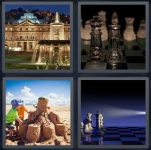 4 Pics 1 Word Answer 6 letters for large palace with fountain, chess board with pieces, sand sculpture at beach, rook with spotlight