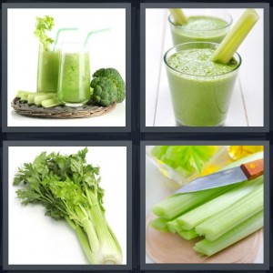 4 Pics 1 Word Answer 6 letters for green juice with straws, green smoothie with vegetables, stalks of vegetables, knife next to chopped stalks