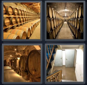 4 Pics 1 Word Answer 6 letters for barrels stored in basement, storage room, wine barrels in dark hallway, basement stairs