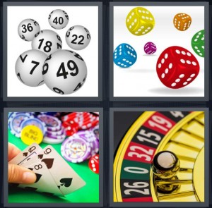 4 Pics 1 Word Answer 6 letters for lottery balls with numbers, tossing colored dice, hand of cards in blackjack, roulette wheel at casino