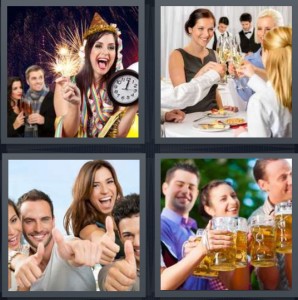 4 Pics 1 Word Answer 6 letters for New Years eve with fireworks, champagne toast, crowd giving thumbs up sign, group clinking steins of beer together