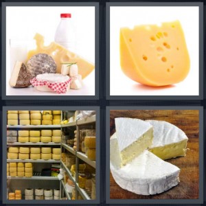 4 Pics 1 Word Answer 6 letters for dairy supply with milk and butter, gouda or Swiss with holes, wheels of dairy in storage, wheel of Brie