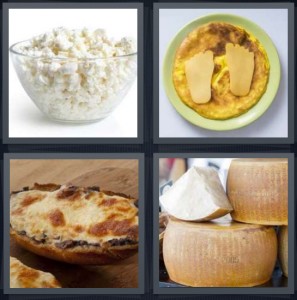 4 Pics 1 Word Answer 6 letters for white popcorn in glass bowl, cheese feet on bowl of food, cheese tart, cheese wheels with rinds