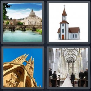 4 Pics 1 Word Answer 6 letters for large basilica with round roof on river, small chapel with steeple, large gothic cathedral with blue sky, wedding walking down aisle