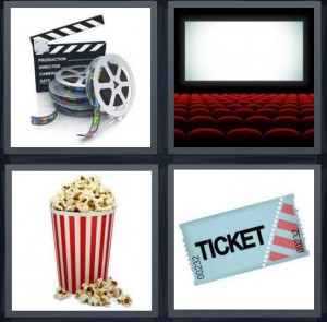 4 Pics 1 Word Answer 6 letters for film with reel, empty theater with red seats, popcorn at movie theater, movie ticket stub