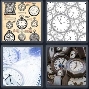 4 Pics 1 Word Answer 6 letters for drawings of old timers, time telling machine, watch face, part of grandfather furniture