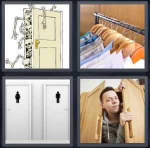 4 Pics 1 Word Answer 6 letters for sketch of skeletons coming out of door, clothes hanging on hangers, men and women bathrooms, man opening door of wardrobe
