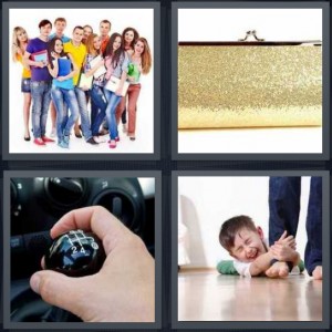 4 Pics 1 Word Answer 6 letters for students from class standing together, gold shiny purse, man shifting gears in car, boy holding tight to dad leg being dragged