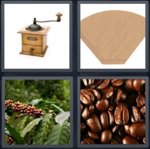 4 Pics 1 Word Answer 6 letters for hand crank grinder for beans, filter for drip machine, red buds on green plants, roasted brown beans