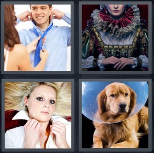 4 Pics 1 Word Answer 6 letters for woman putting blue tie on man, Queen Elizabeth with traditional dress, blond model with white shirt, dog after surgery