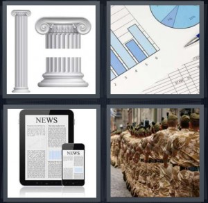 4 Pics 1 Word Answer 6 letters for Doric pedestal for Greek or Roman architecture, pie chart with pen and table, news on cell phone and tablet, marching army in brown fatigues