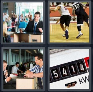 4 Pics 1 Word Answer 6 letters for exchanging money at hotel, people dribbling basketball, man at counter with woman on phone, 5414 kWh meter reading
