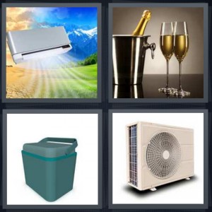 4 Pics 1 Word Answer 6 letters for wind blowing from unit changing weather temperature, champagne on ice with glasses, basket for ice and food, air conditioning unit for window