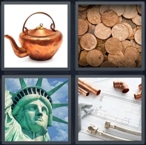 4 Pics 1 Word Answer 6 letters for tea kettle, pile of pennies or old coins, Statue of Liberty face and crown, plumbing piping with blueprint for plan