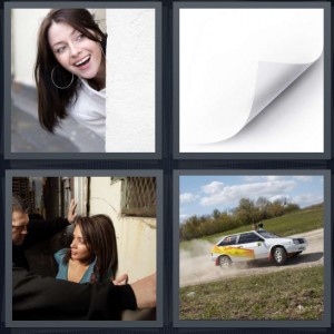 4 Pics 1 Word Answer 6 letters for woman peeking from behind door at road, blank sheet of paper page, woman trapped by men in black against wall, race car with smoke coming up from tires
