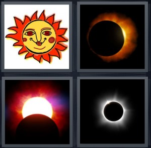 4 Pics 1 Word Answer 6 letters for cartoon drawing of sun with orange and yellow, solar eclipse, bright sun rising over Earth, moon eclipse glowing