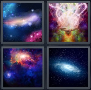 4 Pics 1 Word Answer 6 letters for space with colors, stars holding stars exploding magic, colored galaxy with planets, Milky Way galaxy stars in space