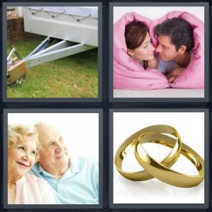 4 Pics 1 Word Answer 6 letters for trailer hitch pulling flatbed, man and woman in bed with heart sheet, elderly man and woman together, wedding rings