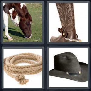 4 Pics 1 Word answers, 4 Pics 1 Word cheats, 4 Pics 1 Word 6 letters horse grazing in field, boot with spurs for riding, lasso for wrangling cattle, ten gallon hat with large brim
