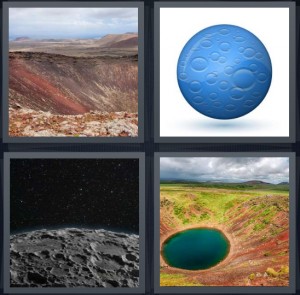4 Pics 1 Word Answer 6 letters for hole in earth rock, blue sponge symbol with dots, surface of the moon, green lake in hole in field