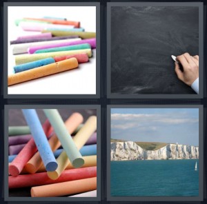 4 Pics 1 Word Answer 6 letters for chalk for drawing on sidewalk, man writing on blackboard, chalk for drawing, limestone cliffs with blue water