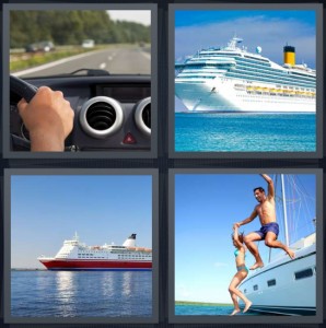 4 Pics 1 Word Answer 6 letters for person driving car with hands on wheel, large yacht in Caribbean water, ship on blue ocean, couple jumping off edge of boat