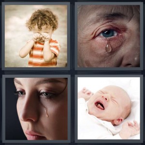 4 Pics 1 Word Answer 6 letters for boy rubbing eyes, elderly person with tear coming from eye, woman with cry tear on cheek, baby screaming in bed