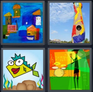 4 Pics 1 Word Answer 6 letters for abstract painting of town, Miro sculpture with paint, abstract drawing of fish, abstract painting of musician with drums