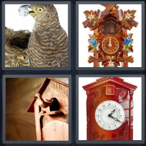 4 Pics 1 Word Answer 6 letters for bird with egg in mouth, German traditional clock with flowers, wooden carved bird on clock, carved clock with pinecones