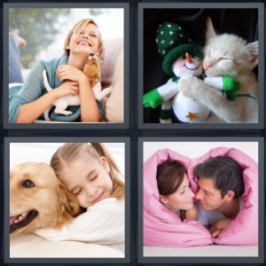 4 Pics 1 Word Answer 6 letters for puppy licking woman face, kitten holding onto stuffed snowman, girl with dog, couple snuggled in heart blanket