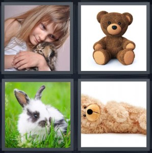 4 Pics 1 Word Answer 6 letters for young girl snuggling kitten, stuffed brown teddy, bunny rabbit in grass field, teddy bear soft fur