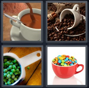 4 Pics 1 Word answers, 4 Pics 1 Word cheats, 4 Pics 1 Word 6 letters chocolate in mug for churros, coffee beans spilling from mug, cup of frozen peas for cooking, red mug full of candy