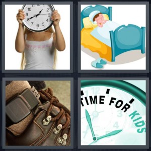 4 Pics 1 Word Answer 6 letters for clock in front of kid face, cartoon of man sleeping with nightcap and slippers, boot or shoe with ankle bracelet, time for kids written on green clock