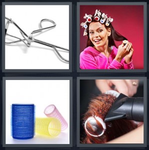 4 Pics 1 Word Answer 6 letters for eyelash crimper tool for makeup, woman with rollers in hair, velcro rollers to make hair curly, iron for curling hair