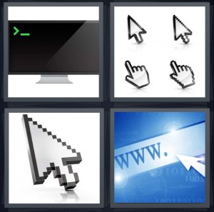 4 Pics 1 Word Answer 6 letters for arrow on black screen for basic programming, mouse symbols, pixelated select tool on white background, browser window for web address