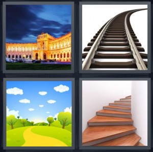 4 Pics 1 Word Answer 6 letters for palace front with warm lights and blue sky, train tracks taking turn, cartoon path with blue sky and clouds, wooden stairway winding up hallway