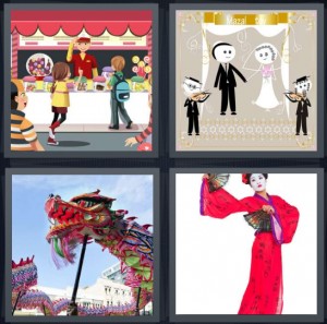 4 Pics 1 Word Answer 6 letters for cartoon of kids in candy store with man in red cap, Jewish wedding ceremony with rabbi, Chinese dragon for new years celebration, Japanese geisha in red robe with fan