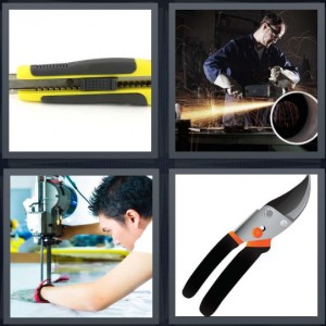 4 Pics 1 Word Answer 6 letters for box knife with adjustable blade, man welding something with sparks, man using table saw to cut wood, pliers that can cut wire