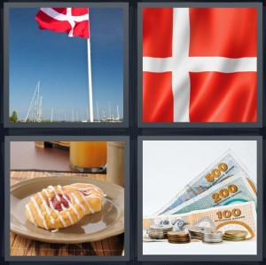 4 Pics 1 Word Answer 6 letters for flag flying on pole with blue sky, white cross on red flag, cherry breakfast pastry with icing, Krone money bills and coins