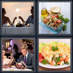 4 Pics 1 Word Answer 6 letters for couple toasting champagne at sunset, fresh salad for meal, couple on date at fancy restaurant, chicken potpie with peas and carrots